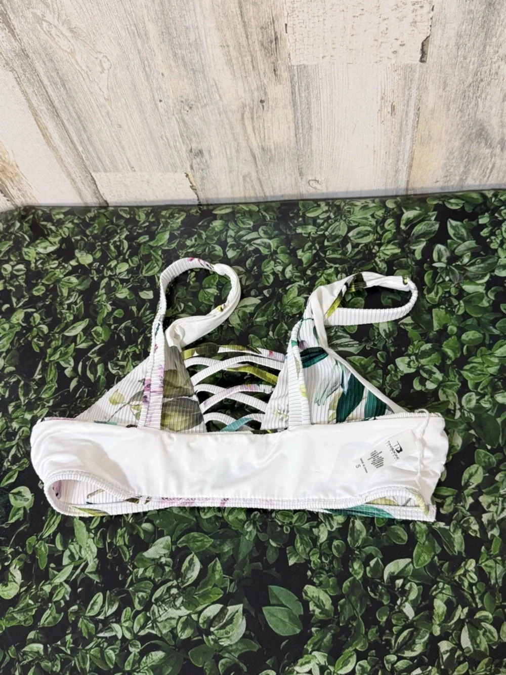 TiniBikini White Bikini Top with Green Leaf Trim